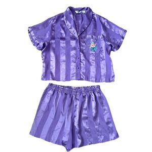 Vintage 80s Satin Pajama Set Womens Large Purple Stripe Embroidered Classic